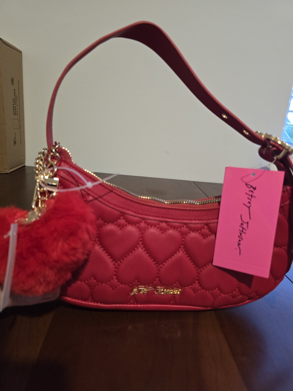 Betsey Johnson NWT Red Quilted Heart Shoulder Bag with Pom Charm